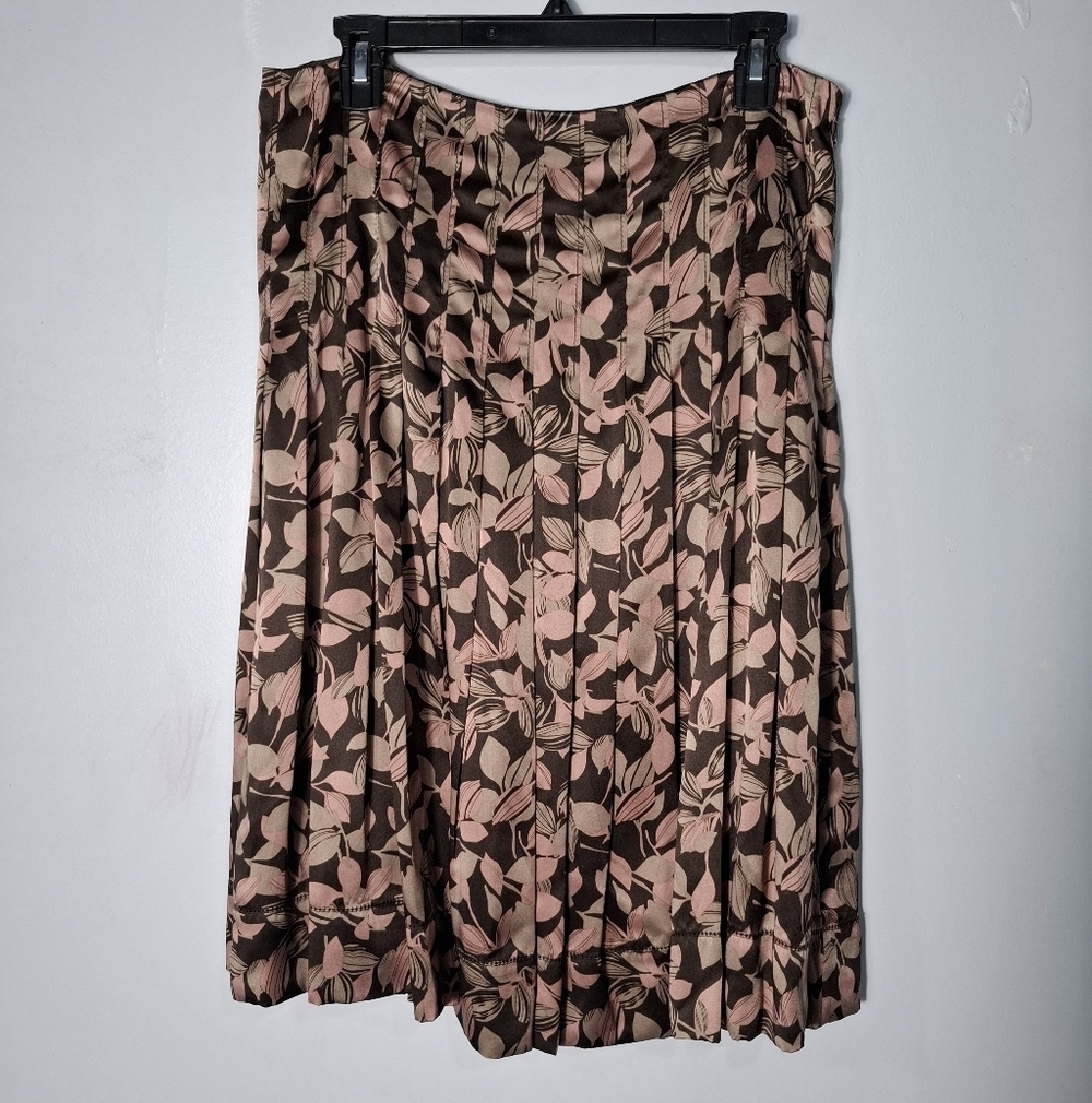 Liz Claiborne 100% Silk Skirt Midi Flare A Line 10 Floral Satin Chocolate  Pink